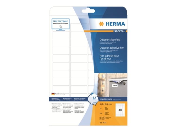 HERMA 9531, Valkoinen, Itse kiinnittyvä tulostintarra, A4, Polyolefiini, Laser, Kiinteä
