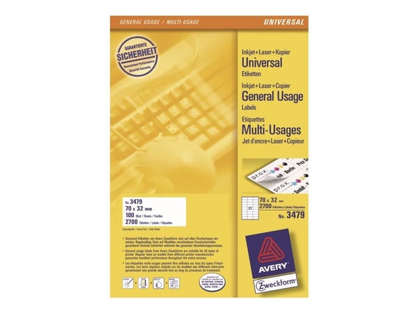 Avery - Hvit - 70 x 32 mm 2700 etikett(er) (100 ark x 27) flerbruks merkelapper