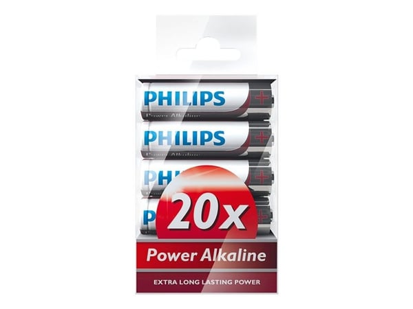 Philips Power Alkaline Akku LR6P20T/10, Kertakäyttöinen akku, Alkali, 1,5 V, Punainen, Valkoinen, 14 mm, 14 mm