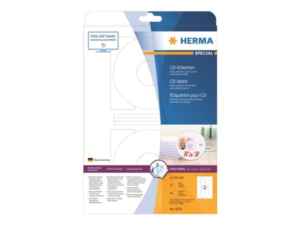 HERMA 5079, Valkoinen, Ympyrä, Kiinteä, Paperi, Matta, Laser/Inkjet