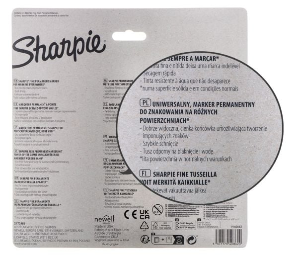 Sharpie Fine, 24 styck, Multifärg, Fin spets, Grå, Multifärg, Rund, Fin