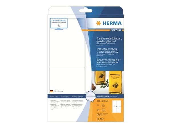 HERMA 8019, Läpinäkyvä, Itse kiinnittyvä tulostintarra, A4, Laser, Kiinteä, Kiilto
