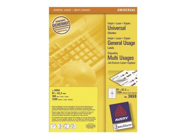 Avery - Hvit - 97 x 42.3 mm 1200 etikett(er) (100 ark x 12) flerbruks merkelapper