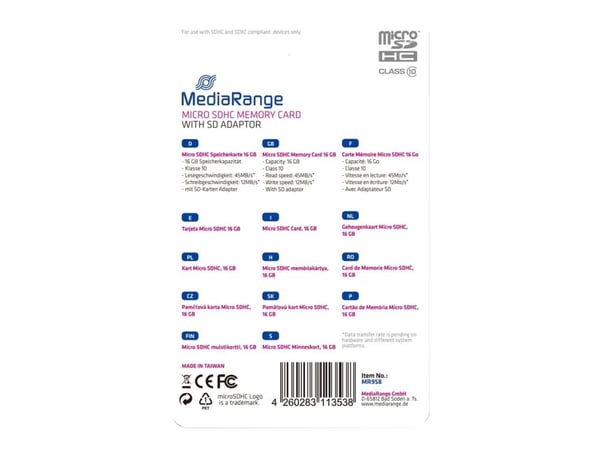 MediaRange - Flashminnekort (microSDHC til SD-adapter inkludert) - 16 GB - Class 10 - microSDHC - svart