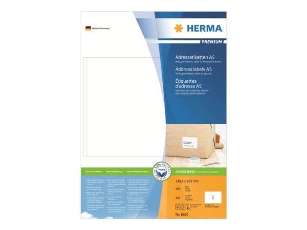 HERMA Premium - Papir - matt - permanent selv-adhesiv - hvit - 148.5 x 205 mm 400 etikett(er) laminerte adresseetiketter