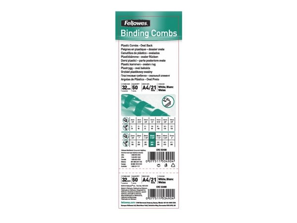 Fellowes Plastic Comb - 32 mm - 30 cm - 21 ringer - 280 ark - hvit - 50 stk plastbindekam - for Fellowes Galaxy 500, Galaxy E 500, Pulsar 300, Puls...