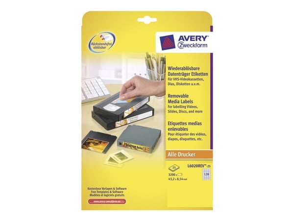 Avery L6020 - Fjernbart adhesiv - hvit - 8.5 x 43.2 mm 3200 stk (25 ark x 128) skyveetiketter
