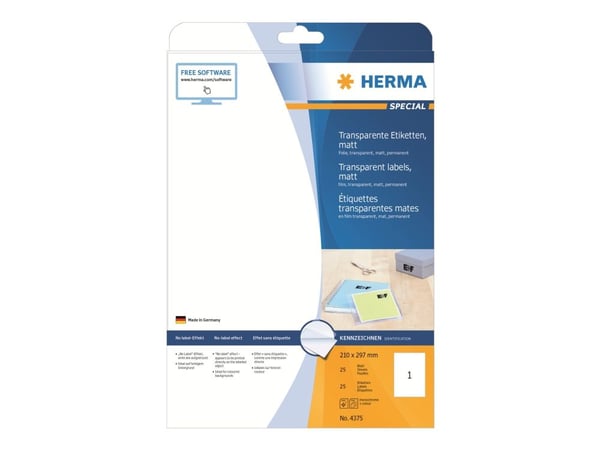 HERMA 4375, Läpinäkyvä, Itse kiinnittyvä tulostintarra, A4, Laser, Kiinteä, Matta
