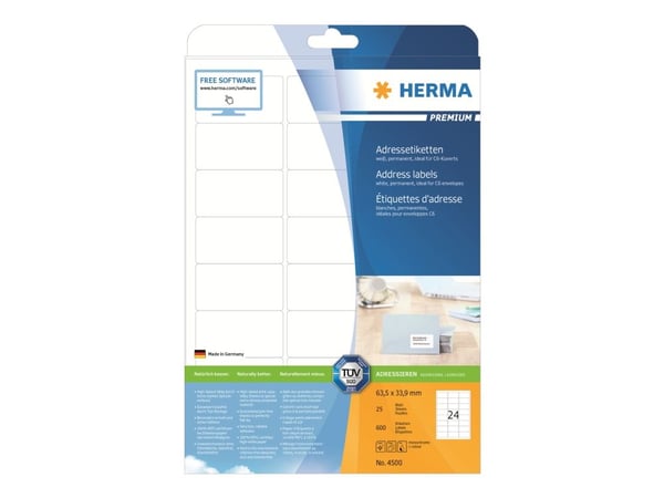 HERMA Premium - Självhäftande - matt vit - 63.5 x 33.9 mm 600 etikett (er) (25 ark x 24) adresslappar