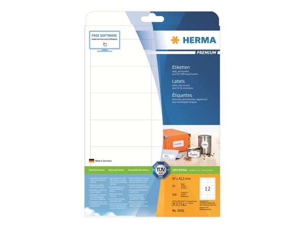 HERMA Premium - Papir - matt - permanent selv-adhesiv - hvit - 97 x 42.3 mm 300 etikett(er) (25 ark x 12) laminerte etiketter