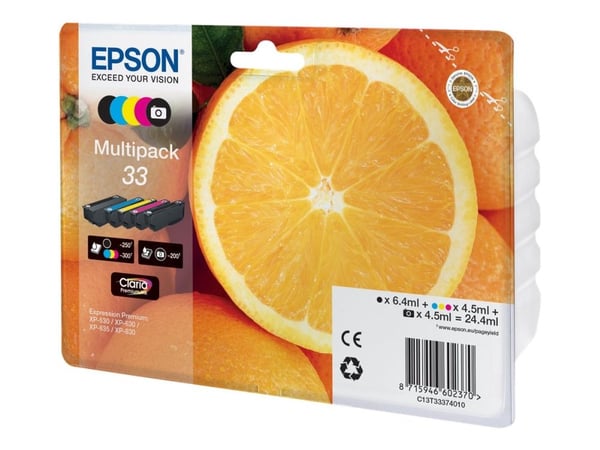 Epson 33 monipakkaus - 5 pakkausta - musta, keltainen, syaani, magenta, valokuvamusta - alkuperäinen - läpipainopakkaus - mustekasetti - Expression...