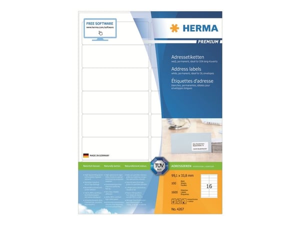 HERMA Premium - Papir - matt - permanent selv-adhesiv - hvit - 99.1 x 33.8 mm 1600 etikett(er) (100 ark x 16) laminerte adresseetiketter