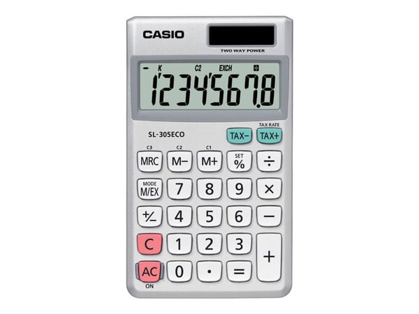 Casio SL-305ECO, Tasku, Perus, 8 lukua, 1 linjat, Akku, Hopea, Valkoinen