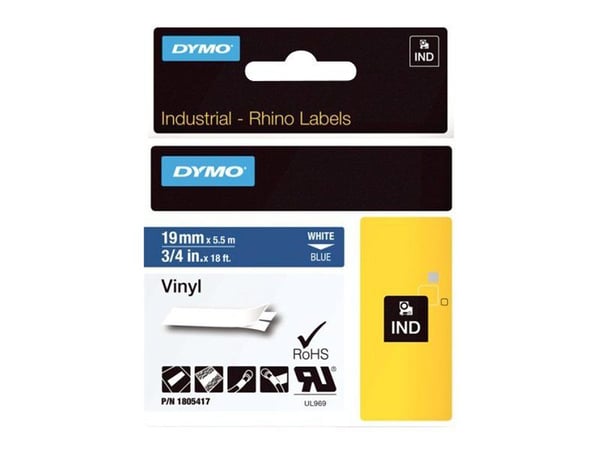DYMO Rhino Coloured Vinyl - Vinyl - permanet adhesiv - hvitt på blått - Roll (1.9 cm x 5.5 m) 1 kassett(er) tape - for DYMO ILP219; Rhino 4200, 500...