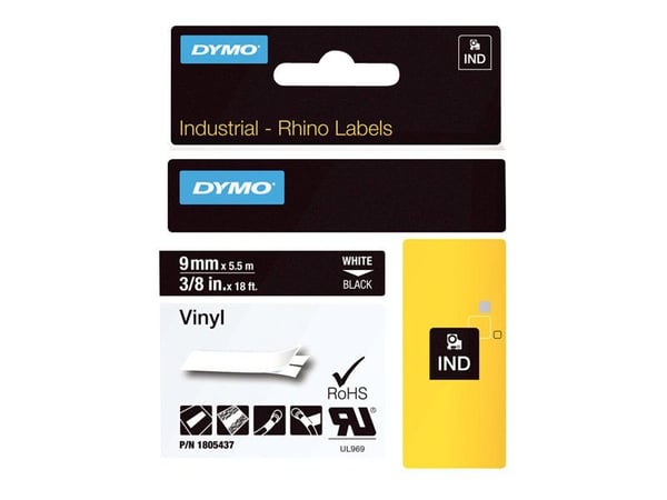 DYMO Rhino Coloured Vinyl - Vinyl - permanet adhesiv - hvitt på svart - Rull (1 cm x 5,5 m) 1 kassett(er) tape - for DYMO ILP219; Rhino 1000, 4200,...