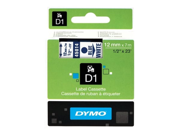 Teksttape Dymo D1, 12 mm, blå/hvid