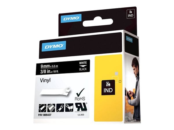 DYMO Rhino Coloured Vinyl - Vinyl - permanet adhesiv - hvitt på svart - Rull (1 cm x 5,5 m) 1 kassett(er) tape - for DYMO ILP219; Rhino 1000, 4200,...