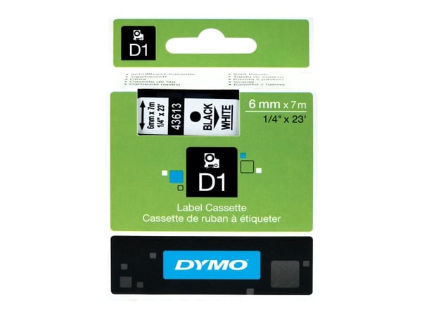 Tekstbånd, Dymo D1, 6 mm, svart/hvitt