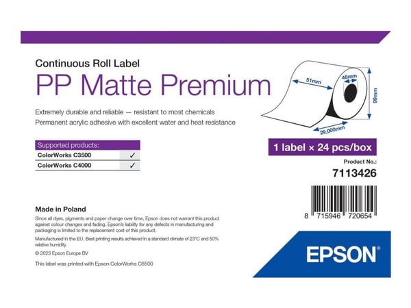 Epson Premium - Polypropylen (PP) - matt - permanent akryl-adhesiv - Rull (5,1 cm x 29 m) boks - sammenhengende etiketter