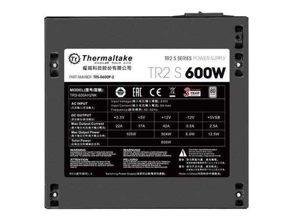 Thermaltake TR2 S 600W - Strømforsyning (intern) - ATX12V 2.3/ EPS12V - 80 PLUS - AC 230 V - 600 watt - aktiv PFC - Europa - svart