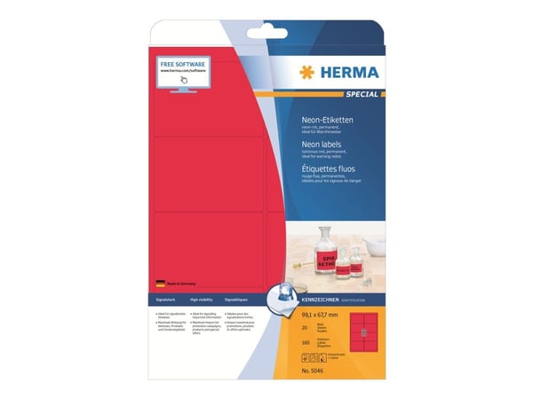 HERMA Special - Papir - matt - permanent selv-adhesiv - lysende rød - 99.1 x 67.7 mm 160 etikett(er) (20 ark x 8) fluorescerende etiketter