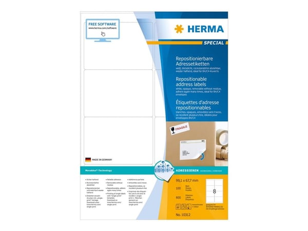 HERMA Special - Papir - matt - flyttbart selv-adhesiv - hvit - 99.1 x 67.7 mm 800 etikett(er) (100 ark x 8 adresselapper