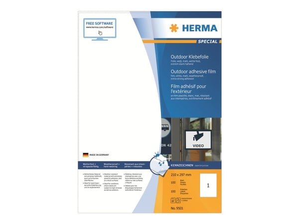 HERMA 9501, Valkoinen, Suorakulmio, Kiinteä, A4, Polyolefiini, Matta