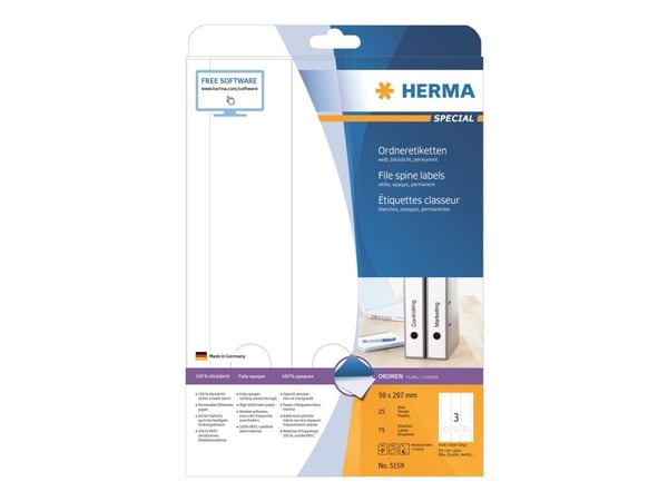 HERMA Special - Papir - matt - permanent selv-adhesiv - perforert - hvit - 59 x 297 mm 75 etikett(er) (25 ark x 3) opake arkivmappeetiketter
