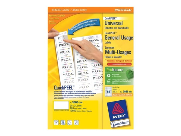 Avery Zweckform Universal - Hvit - 38 x 21,2 mm 13000 etikett(er) (200 ark x 65) etiketter