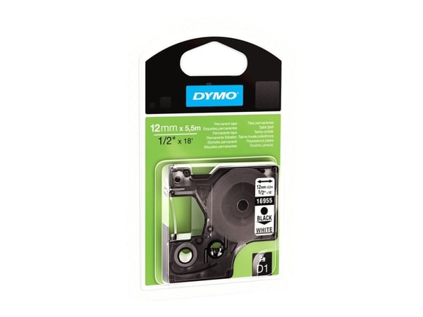 DYMO D1 - Polyester - permanet adhesiv - svart på hvitt - Rull (1,2 cm x 5,5 m) 1 kassett(er) merketape - for LabelMANAGER 160, 210D, 210D Kit, 210...