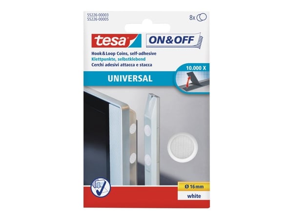 Tesa On & Off - Festeklister - 1,6 cm diameter - hvit - ikke permanent (en pakke 8)