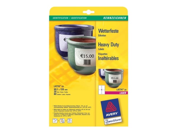 Avery Heavy Duty Laser Labels - Polyester - hvit - 99.1 x 139 mm 80 etikett(er) (20 ark x 4) merkelapper