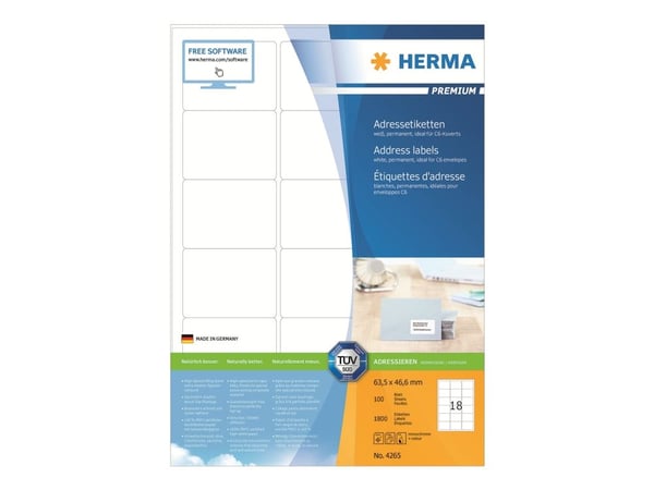 HERMA Premium - Papir - matt - permanent selv-adhesiv - hvit - 63.5 x 46.6 mm 1800 etikett(er) (100 ark x 18) laminerte adresseetiketter