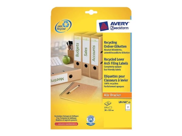 Avery Zweckform LR4760 - Hvit - 38 x 192 mm 175 etikett(er) (25 ark x 7 filmappeetiketter