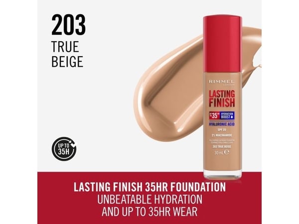 Rimmel Lasting Finish 35h, pumpeflaske, væske, fuktighet, beskyttelse, nøytral, beige, ekte beige