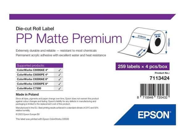 Epson Premium - Polypropylen (PP) - matt - permanent akryl-adhesiv - 105 x 210 mm 1036 etikett(er) (4 rull(er) x 259 stanseskårne etiketter