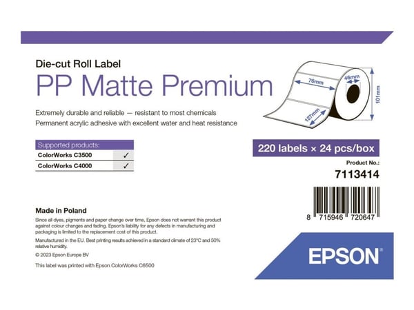 Epson Premium - Polypropylen (PP) - matt - permanent akryl-adhesiv - 76 x 127 mm 5280 etikett(er) (24 rull(er) x 220 stanseskårne etiketter