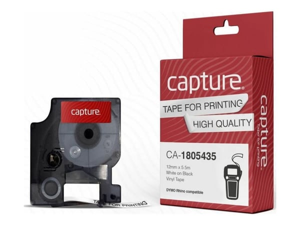 Capture - Vinyl - laminert - hvitt på svart - Rull (1,2 cm x 5,5 m) 1 kassett(er) hengeboks - merketape (alternativ for: DYMO 1805435)