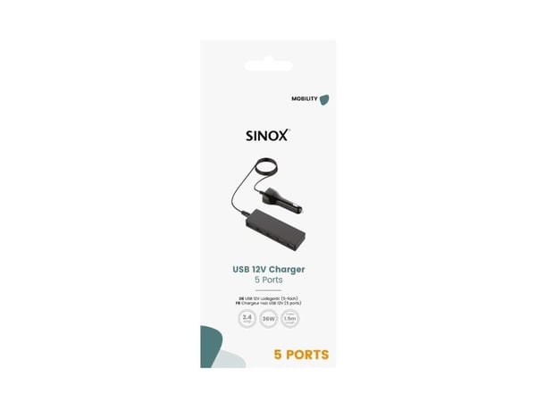 Sinox 12V USB A autolaturi. 7.2A. 1.5m. Musta