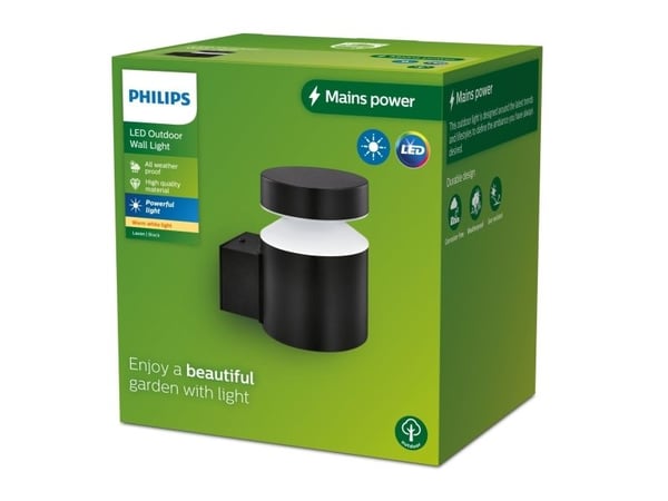 Philips Laven-vegglampe, 6 W, Vegglys, Svart, Metall, IP44, Terrasse, Hage, II