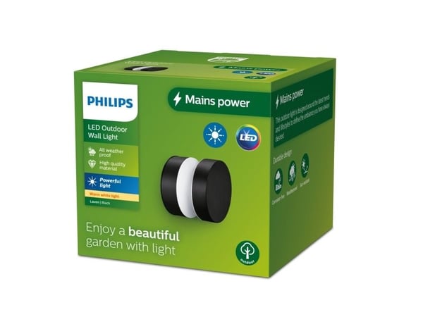 Philips Laven-vegglampe, 6 W, Vegglys, Svart, Metall, IP44, Terrasse, Hage, II