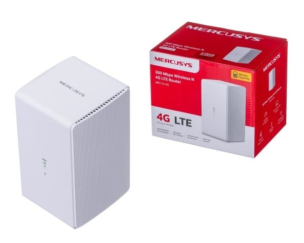 Mercusys MB110-4G, Wi-Fi 4 (802.11n), Enkeltbånd (2.4 GHz), Ethernet/bredbåndsforbindelse, 4G, Hvit, Skrivebord/stolperuter