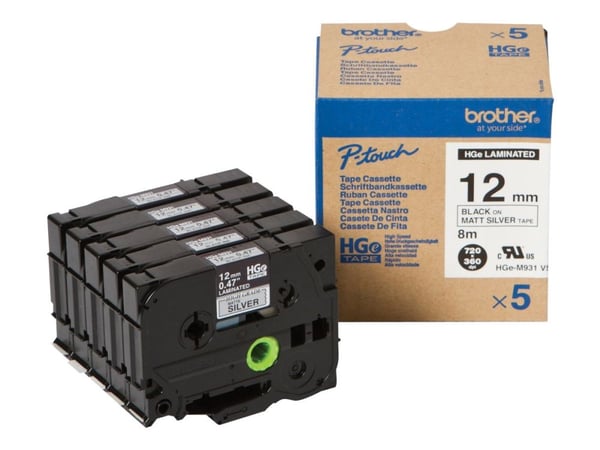 Brother HGE-M931V5 - Sort på sølv - Rull (1,2 cm x 8 m) 5 kassett(er) laminert teip - for P-Touch PT-9500pc, PT-9800PCN; P-Touch R RL-700S