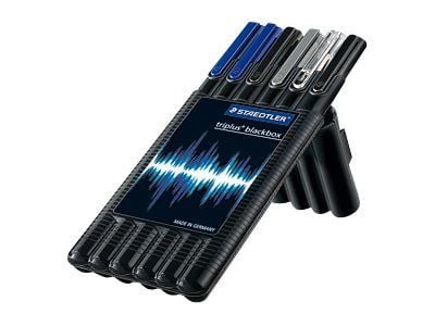 STAEDTLER triplus Black box - Kynä, Fineliner, rajauskynä, valokynä, mekaaninen lyijykynä ja rullakärkisetti - musta, sininen, keltainen (6 kpl)
