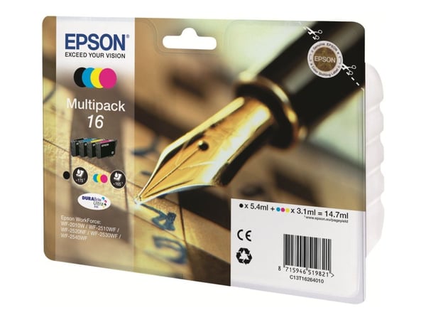 Epson 16 -monipakkaus – 4 kpl – musta, keltainen, syaani, magenta – alkuperäinen – mustekasetti – WorkForce WF-2010, 2510, 2520, 2530, 2540, 2630, ...