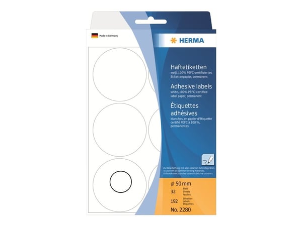 HERMA - Papir - matte - permanent klæbemiddel - hvit - 50 mm rund 192 etikett(r) (32 ark x 6) etiketter
