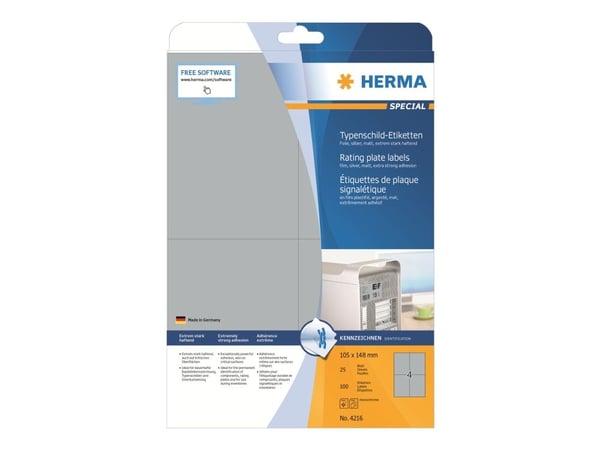 HERMA 4216, Hopea, Itse kiinnittyvä tulostintarra, A4, Polyesteri, Laser, Kiinteä