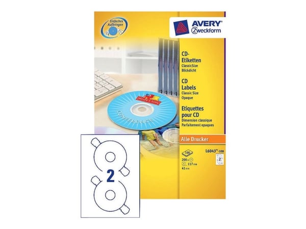 Avery CD/DVD-etiketter Classic Size - Hvit - 117 mm rund 200 etikett(er) (100 ark x 2) CD/DVD-etiketter