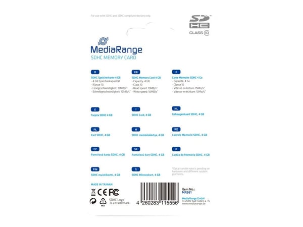 MediaRange - Flash-minnekort - 4 GB - Klasse 10 - SDHC - blå