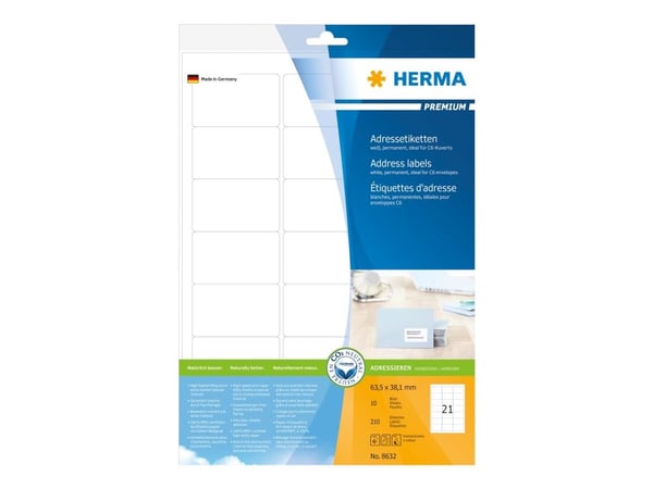HERMA Premium - Papir - matt - permanent selv-adhesiv - hvit - 63.5 x 38.1 mm 210 etikett(er) (10 ark x 21) laminerte adresseetiketter